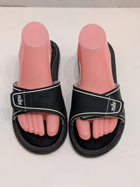 NIKE Women's 9 Comfort Footbed Slides Slip On Sandals Black White Logo